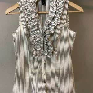 White House Black Market business blouse, XS, white w/charcoal pinstripes